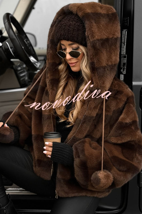Winter Latte Gradient Print Ribbed Balloon Sleeve Hooded Loose Plush Coat
