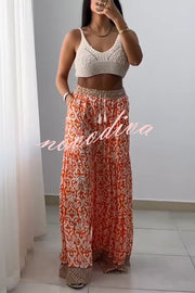 Unique Print Elastic High Waist Tie Pocket Wide Leg Pants