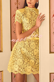 Champagne Toast Flower Lace Short Sleeve Bow Belted Mini Dress