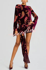 Night Out Velvet Paisley Print Long Sleeve Tie-up Tassel Loose Mini Dress