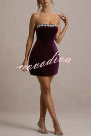 Effortlessly Elegant Velvet Jewel Embellished Trim Bandeau Mini Dress