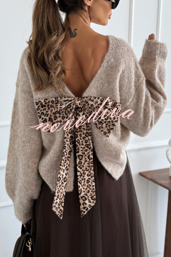 Gisella Knit Back Slit Leopard Print Bow Design Long Sleeve Relaxed Sweater