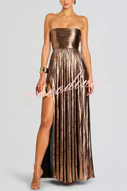 Artistic Quality Metallic Pleated Fabric Removable Straps Slit Maxi Dress