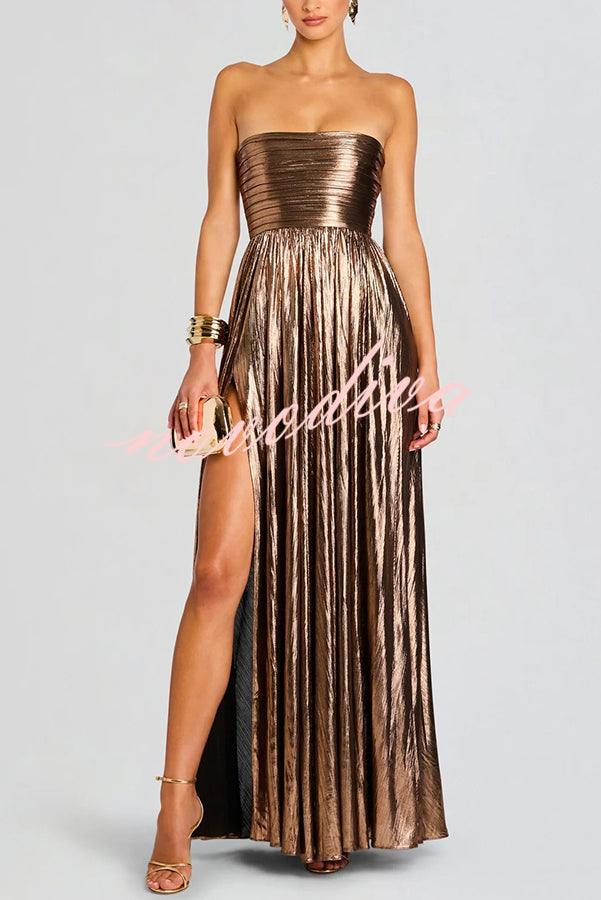 Artistic Quality Metallic Pleated Fabric Removable Straps Slit Maxi Dress