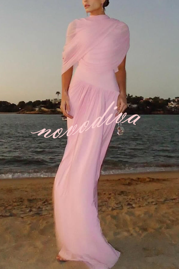 Elegant Mesh Cape-style Pleated Draped Maxi Dress
