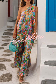 Rainbow Breeze Satin Unique Print Bow One Shoulder Loose Maxi Dress