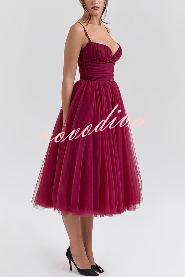 Royal Treatment Tulle Bows Detail Ruched Slip Midi Dress