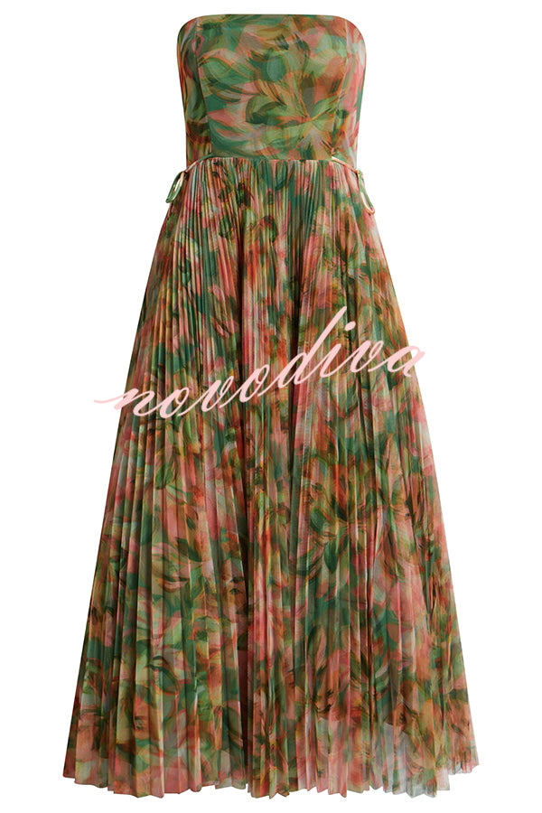 Romantic Factor Pleated Mesh Watercolor Print Bow Detail Strapless Maxi Dress