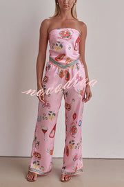 Linen Blend Unique Printed Bandeau Top and Elastic Waist Pocket Pants Set