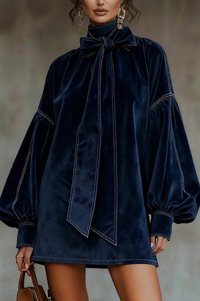 Solid Color Velvet Bow Tie Lantern Sleeve Loose Mini Dress