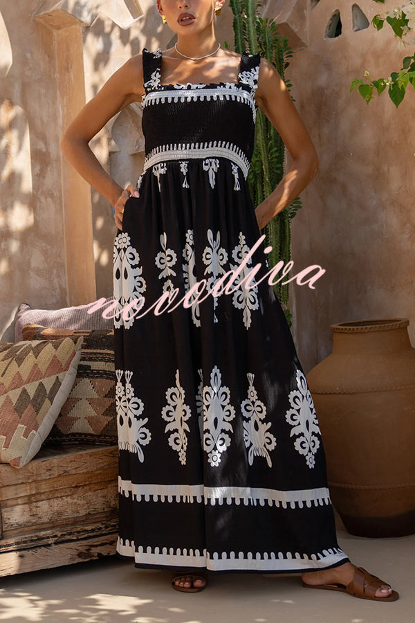 National Boho Style Unique Print Smocked Bust Wide Strap Pocket Maxi Dress