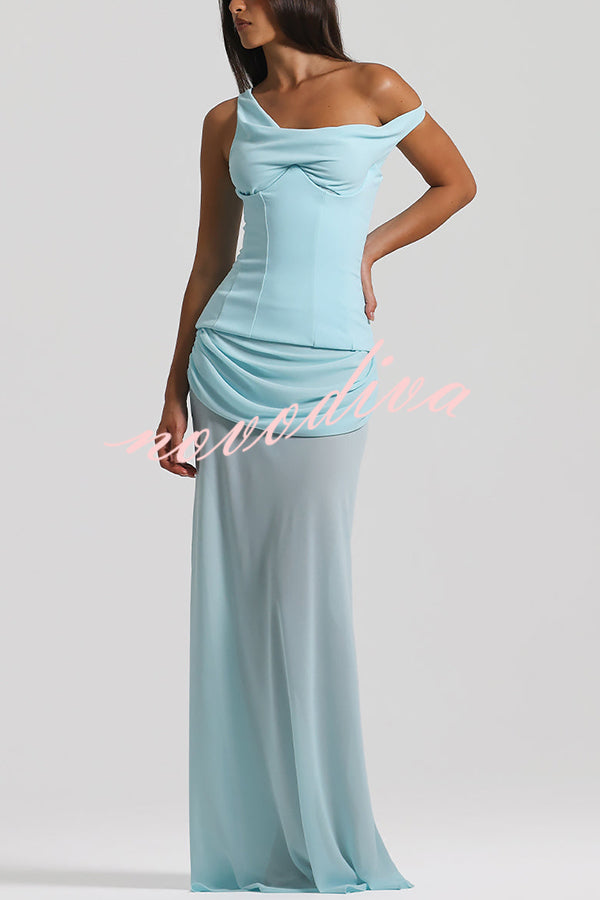 Sculptural Elegance One Shoulder Removable Corset Drape Maxi Dress