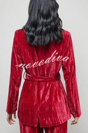 Solid Color Velvet Long-sleeved Waist Tie Top and Elastic Waist Casual Pocket Straight-leg Pants Set