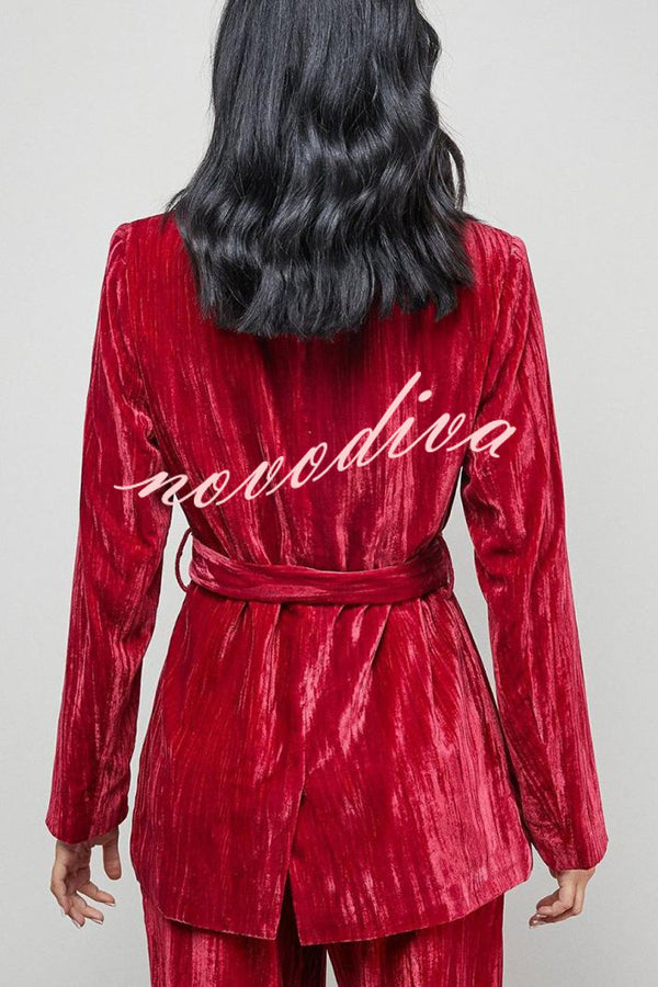 Solid Color Velvet Long-sleeved Waist Tie Top and Elastic Waist Casual Pocket Straight-leg Pants Set