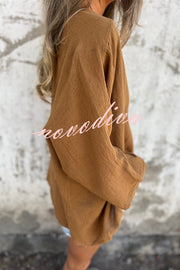 Solid Color V-neck Loose Long-sleeved Button Top