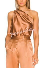 Christmas Dinner Satin Ruched One Shoulder Loose Tank