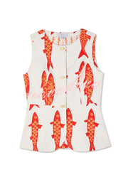 Good Luck Linen Blend Koi Pattern Metal Buttons Waisted Vest