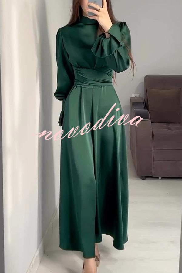 Solid Color Ruffled Sleeves Waisted Tie Slim Fit Maxi Dress