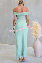 Sexy Mesh Off-shoulder Slim Fit Ruffled Slit Maxi Dress