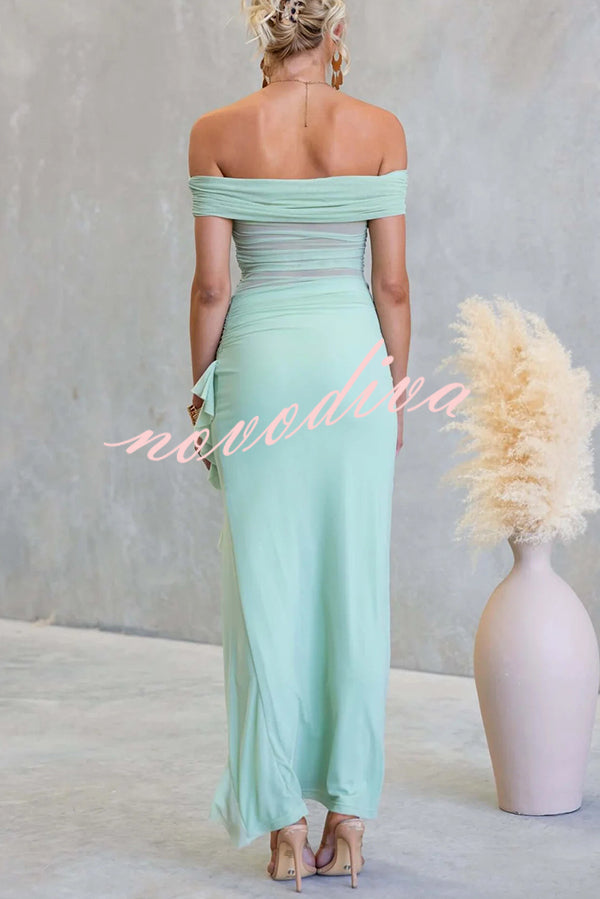 Sexy Mesh Off-shoulder Slim Fit Ruffled Slit Maxi Dress