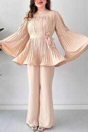 Solid Color Round Neck Flared Sleeve Pleated Tie Waist Top and Elastic Waist Casual Straight Pants Set