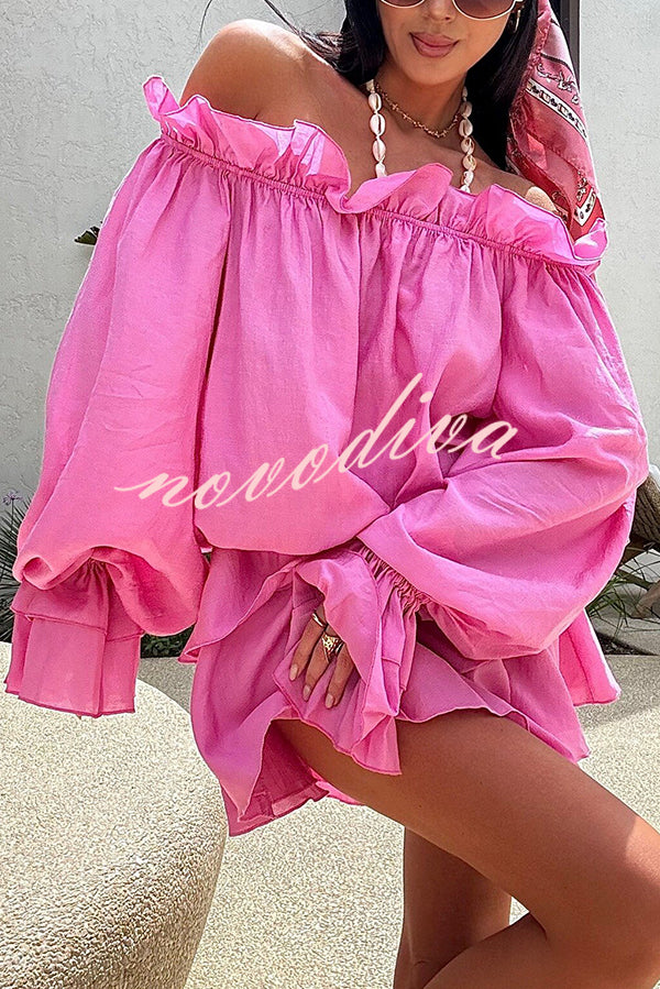 Arnell Linen Blend Off Shoulder Balloon Sleeve Shirt and Elastic Waist Layered Shorts Set