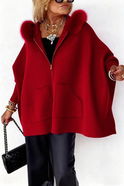 Warm Call Knit Long Sleeve Zipper Plush Hooded Pocket Loose Cardigan