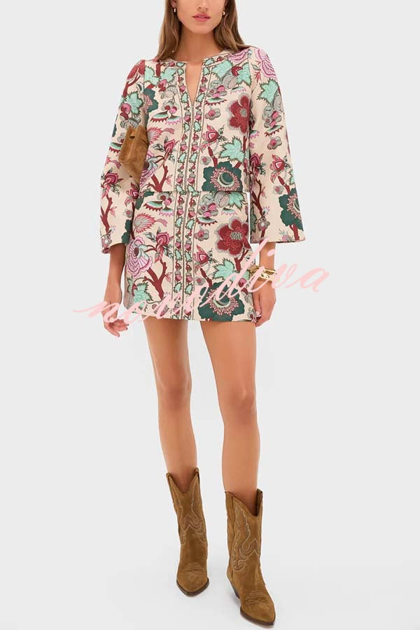 Autumn Garden Printed V-neck Long Bell Sleeve Top and Mid Rise Skirt Set