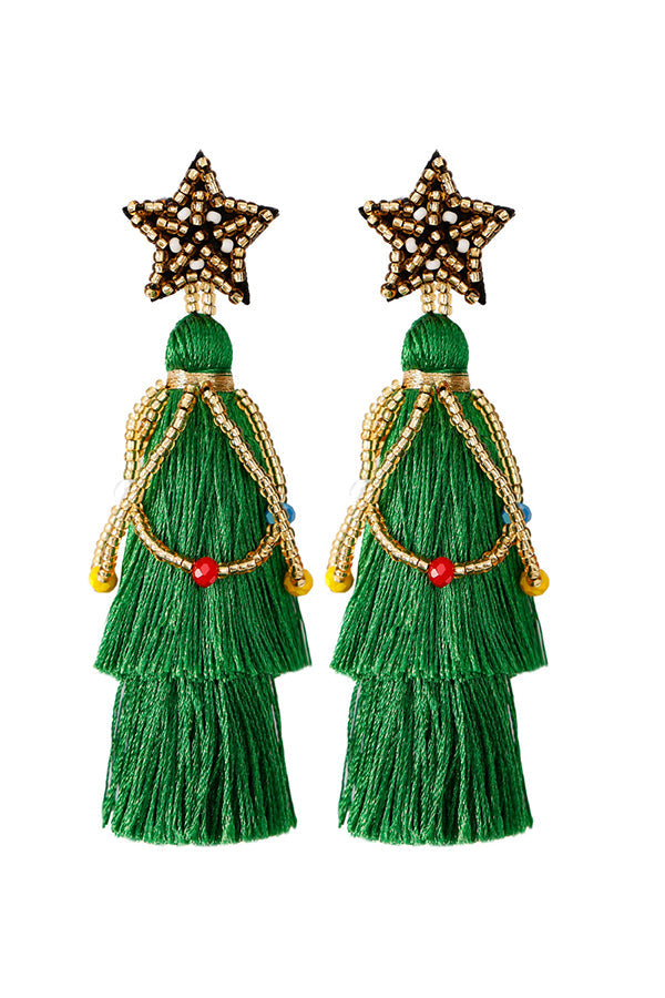 Bohemian Lightweight Christmas Tree Tassel Beaded Earrings