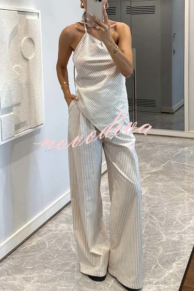 Moriah Striped Thin Strap Halter Neck Scarf Top and Pocketed Wide Leg Pants Set