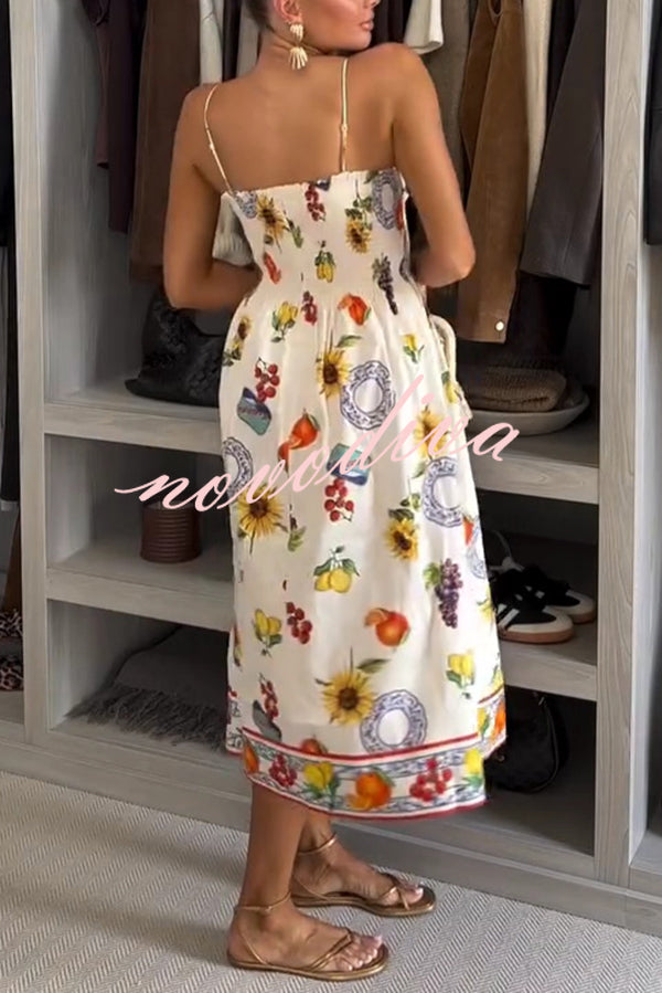 Summer Fruit Print Sling Pleated Vacation Midi Dress