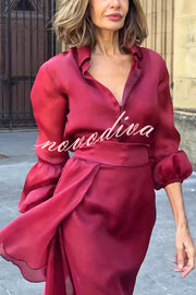 Lily Chiffon Bow Detail Puff Sleeve Blouse and Elegant Layered Maxi Skirt Set