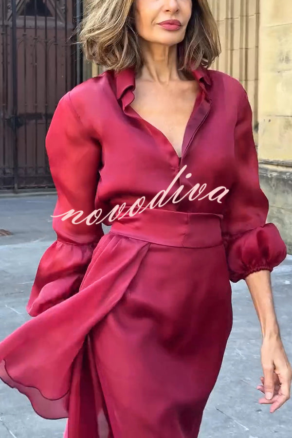 Lily Chiffon Bow Detail Puff Sleeve Blouse and Elegant Layered Maxi Skirt Set