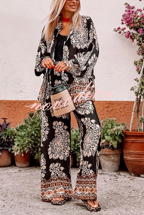 Unique Ethnic Print Loose Long-sleeved Shirt and Elastic Waist Pocket Straight Pants Set