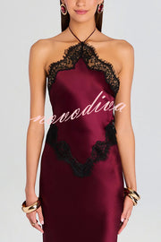 Everly Contrast Color Satin Lace Trim Halter Back Lace-up Flare Maxi Dress