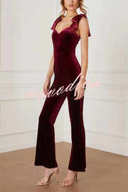 Merlot Sippin' Velvet Shoulder Tie Flare Stretch Jumpsuit