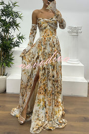 Reina Chiffon Floral Print Pleated Bodice Split Sleeve Strapless Slit Maxi Dress
