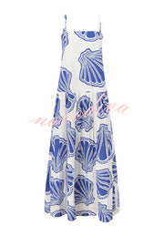 Linen Blend Shell Print Loose Strappy Resort Style Maxi Dress