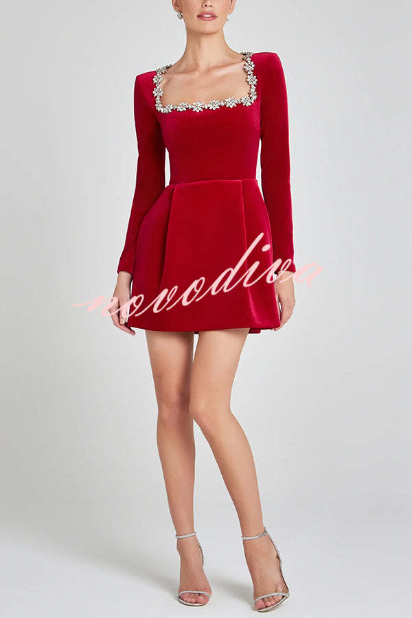 Endless Celebration Velvet Jewel Embellished Trim Long Sleeve Pocketed Mini Dress