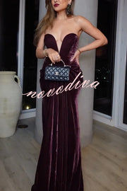 Paige Velvet Off Shoulder Side Pleated Hip Drape Maxi Dress
