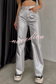 Stylish Metallic Fabric Pocket Casual Straight Wide-Leg Pants