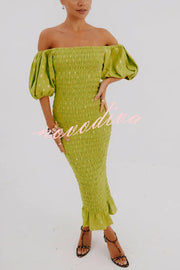 Jojo Smocked Golden Polka Dots Off Shoulder Puff Sleeve Stretch Midi Dress