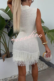 Fashion Knitted Round Neck Sleeveless Slim Fit Fringed Hem Mini Dress