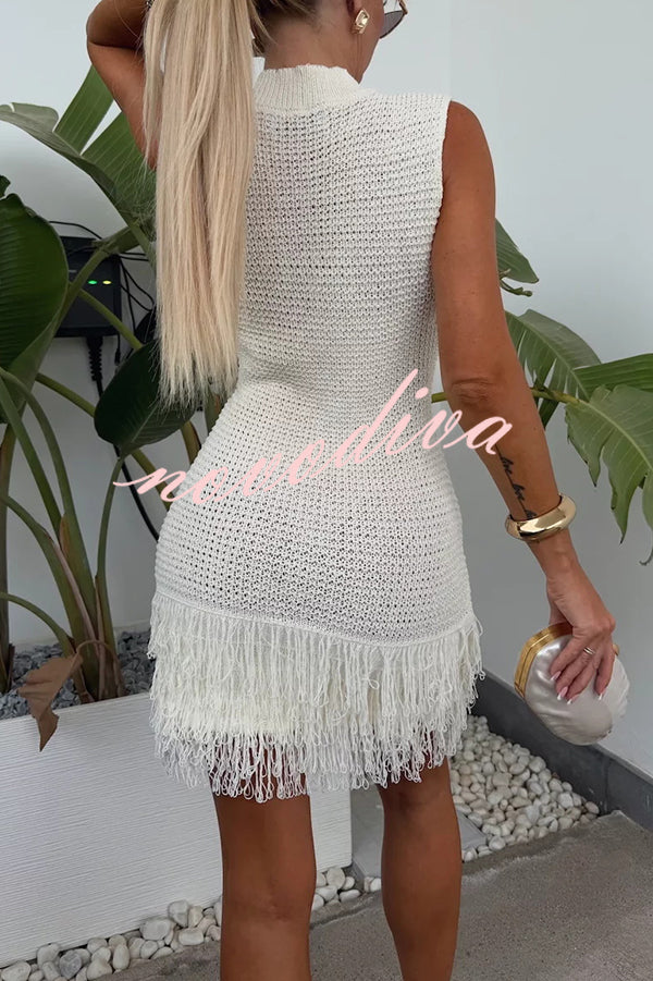 Fashion Knitted Round Neck Sleeveless Slim Fit Fringed Hem Mini Dress