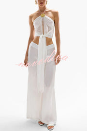 Lily Metal Flower Front Slit Halter Midi Top and V-waist Wide Leg Pants Set