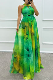 Elaine Tulle Floral Splash Print Cutout Halter Tie-up Neck Gown Maxi Dress