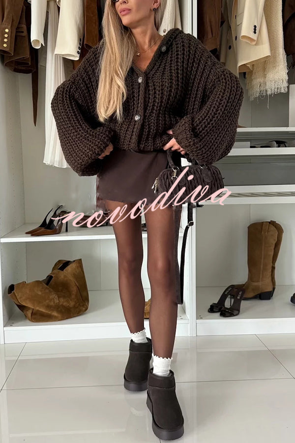 Warm Day Knit Button Up Long Balloon Sleeve Hooded Loose Cardigan