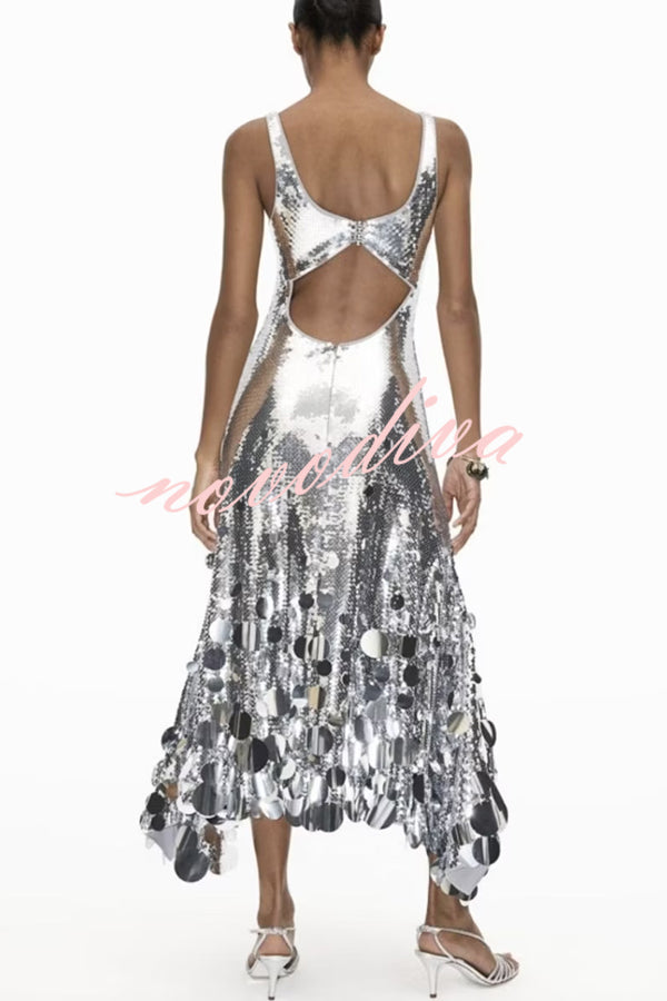 Party Tips Sequin Irregular Round Tassels Hem Back Cutout Tank Maxi Dress
