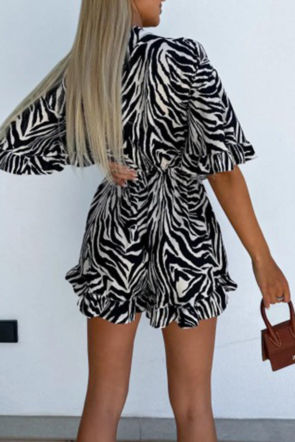 Zebra Print Ruffled Sleeves Dropped Sleeves V Neck Tie High Waist Romper