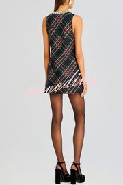 Elegant Demeanor Satin Gemstone Trim Deep V-Neck Tank H-line Mini Dress